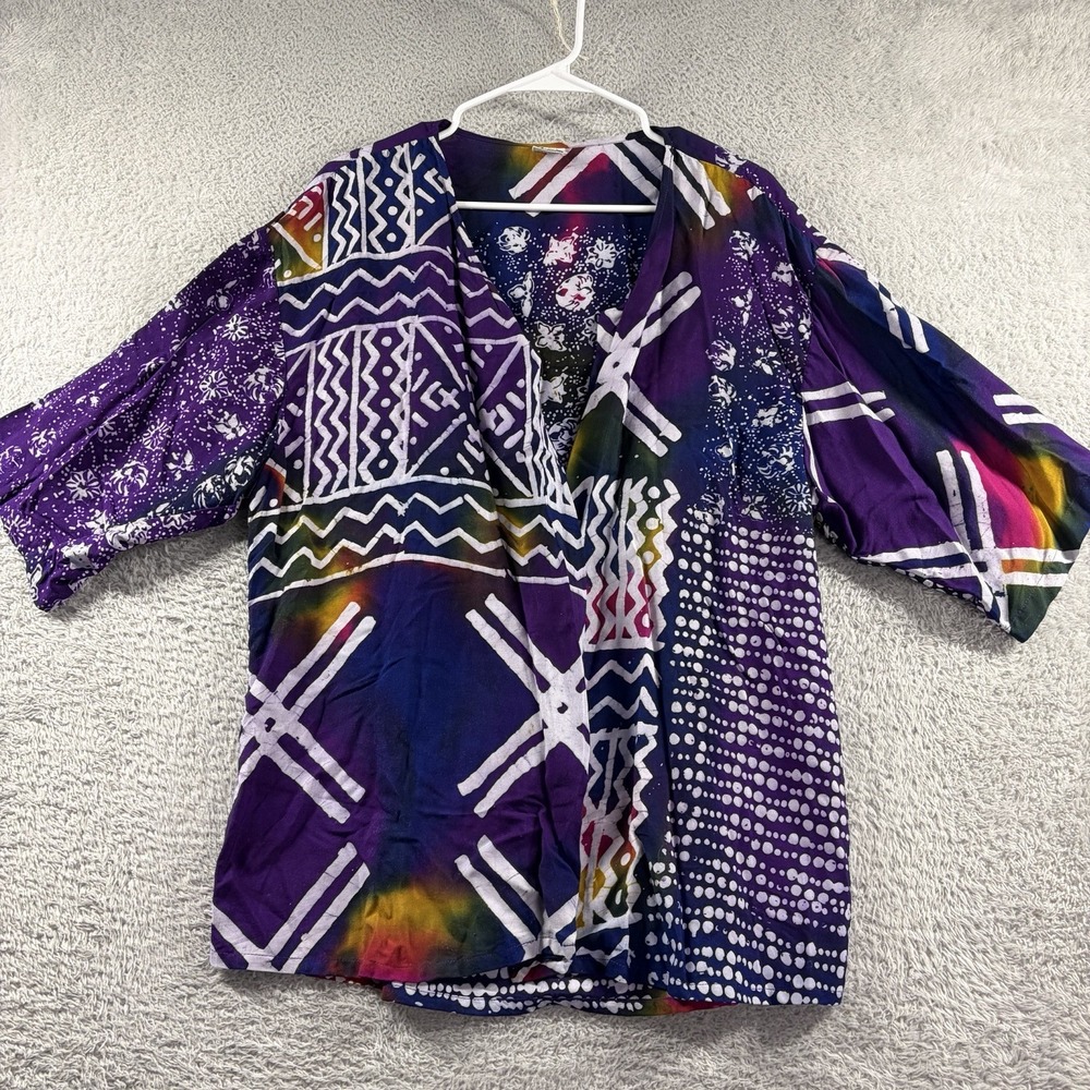 VTG Nusntara Asian Crafts Kimono Style Wrap Blouse Multi Color Rayon Akara‎ M/L